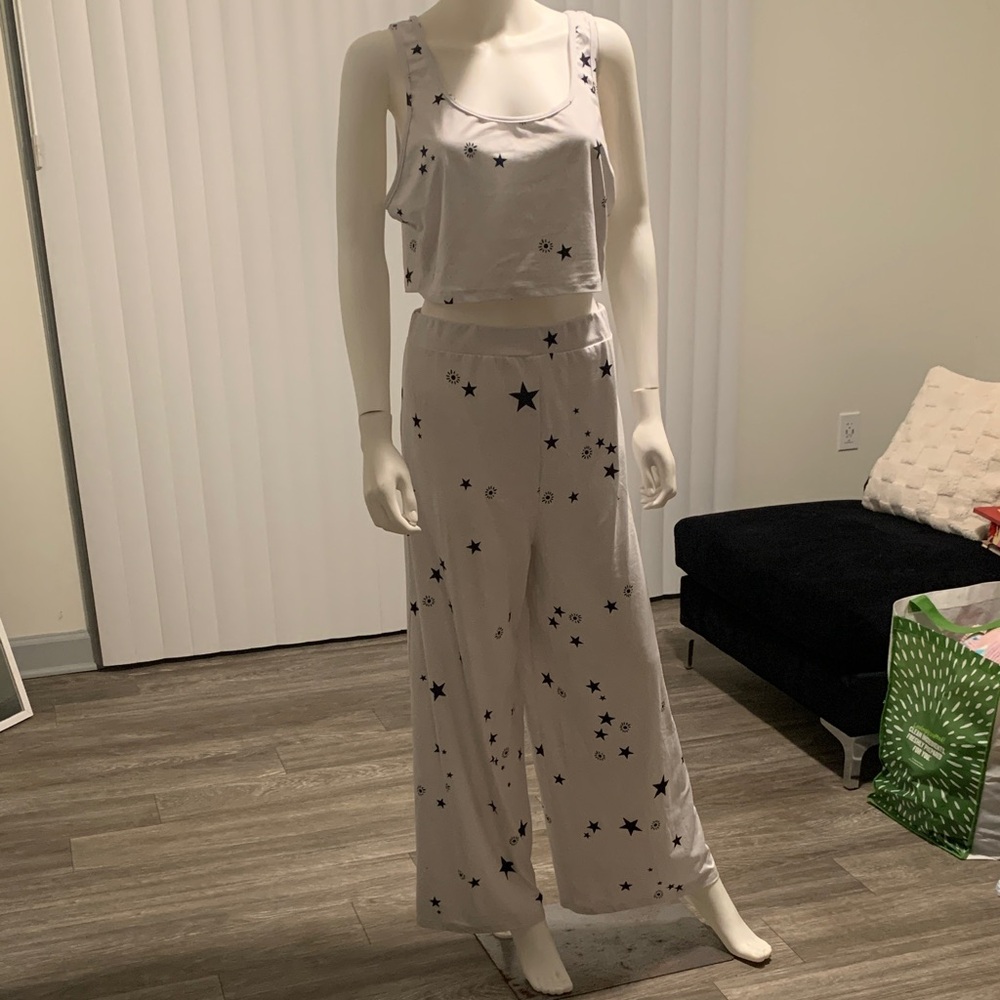 Grey Star Print Wide-Leg Pants